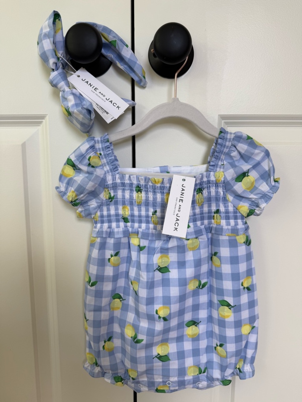 Janie and Jack Lemon Gingham Bubble Romper + Headband Set 🍋 (6–12M) NWT